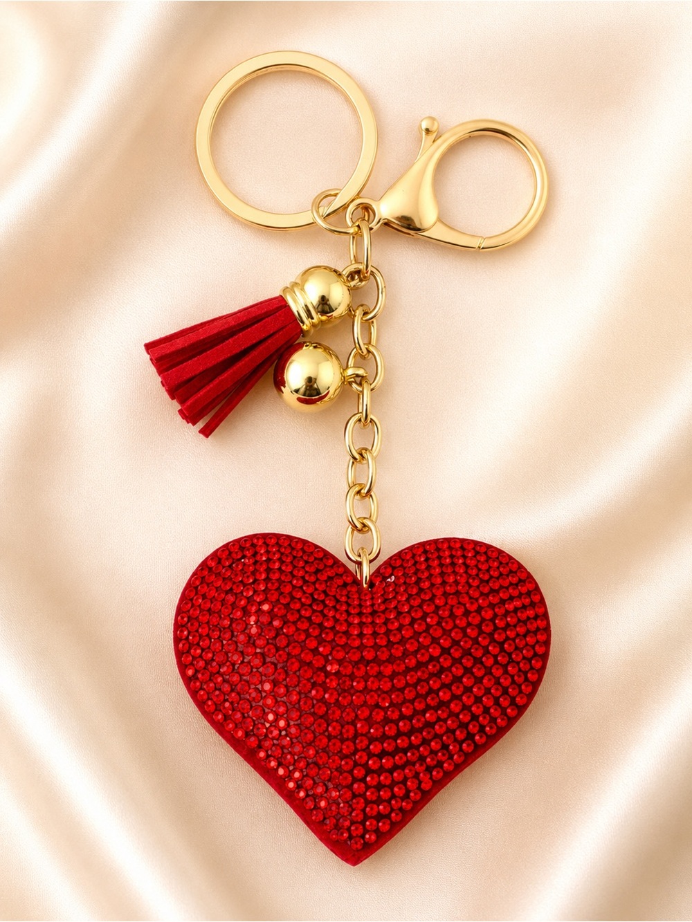 Red Rhinestone Heart Bag Charm Keychain Tassel Gold Purse Charm Gift